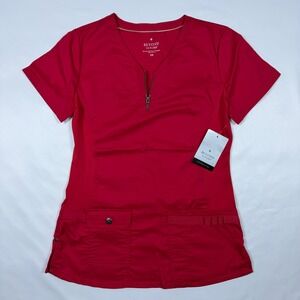 Beyond Scrubs Mia Zipper V-Neck Scrub Top Red XS 12240_R Womens Short Sleeve